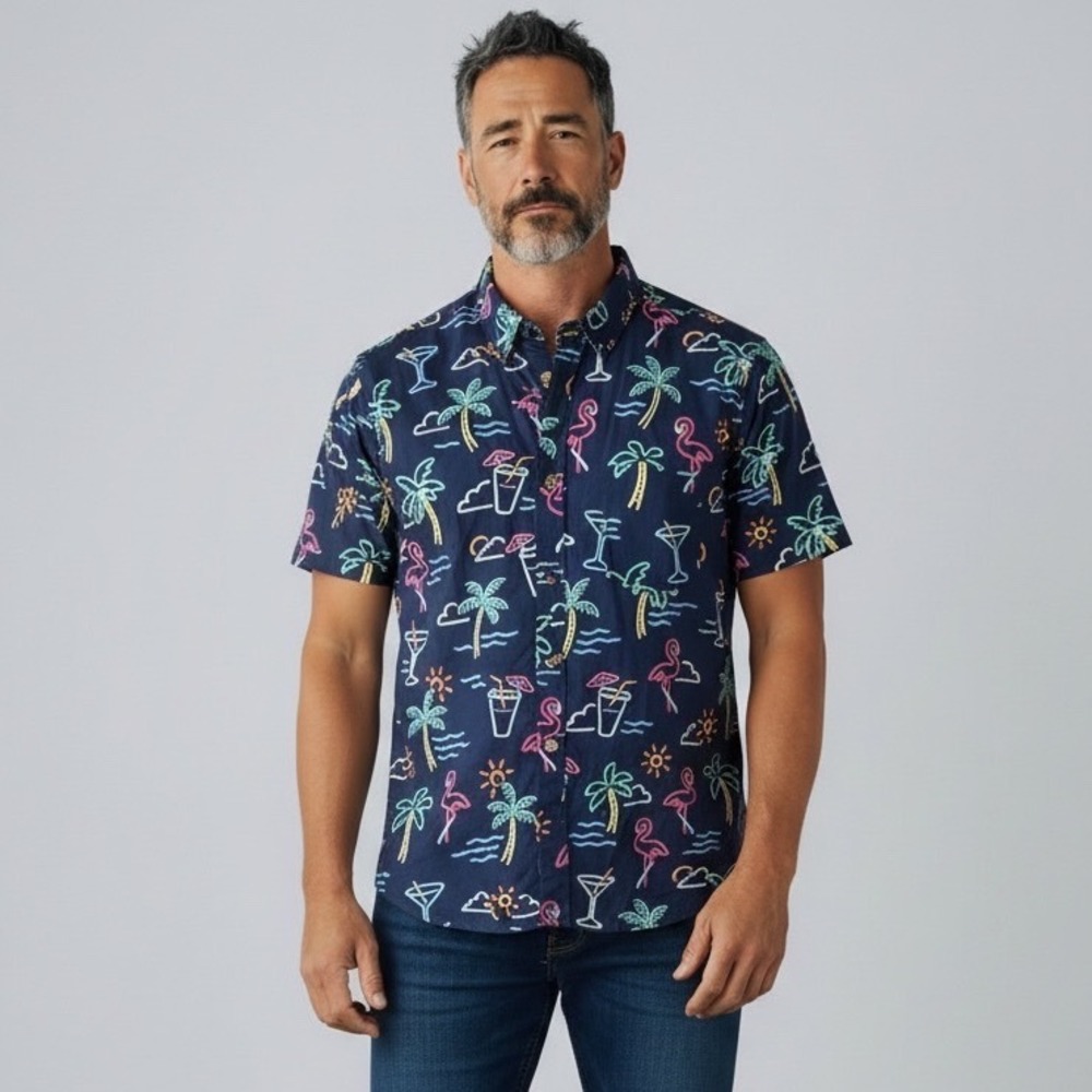 Chubbies Mens Large Navy Neon Flamingo Palm Tree Tropical Short Sleeve Shirt L